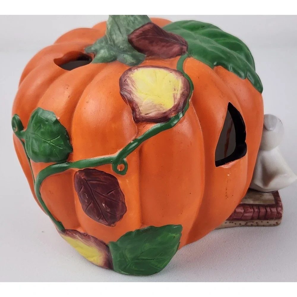 Vintage Halloween Ceramic Pumpkin and Ghost Tea Light Votive‎ Candle Holder